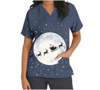 Keepink Scrubs Tops for Women UK Christmas Nurse Shirts Funny Xmas Santa Claus Print Jumpers Loose Tunic Short Sleeve Uniform Top V Neck Dressy Shirt Pockets Practical Caregiver Workwear