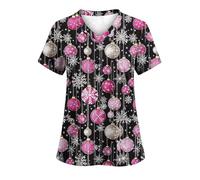 Keepink Scrubs Tops for Women UK Christmas Nurse Shirts Funny Xmas Santa Claus Print Jumpers Loose Tunic Short Sleeve Uniform Top V Neck Dressy Shirt Pockets Practical Caregiver Workwear