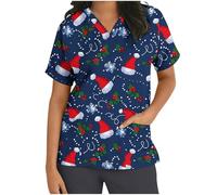 Keepink Scrubs Tops for Women UK Christmas Nurse Shirts Funny Xmas Santa Claus Print Jumpers Loose Tunic Short Sleeve Uniform Top V Neck Dressy Shirt Pockets Practical Caregiver Workwear