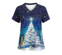 Keepink Scrubs Tops for Women UK Christmas Nurse Shirts Funny Xmas Santa Claus Print Jumpers Loose Tunic Short Sleeve Uniform Top V Neck Dressy Shirt Pockets Practical Caregiver Workwear