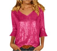 Keepink Sequin Tops for Women UK 3/4 Flare Sleeve Blouse Sparkly V Neck Top Dressy Party Going Out Shirt Glitter Evening Tunic Blouses Cocktail Pullover Fashion Elegant Outfits