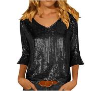 Keepink Sequin Tops for Women UK 3/4 Flare Sleeve Blouse Sparkly V Neck Top Dressy Party Going Out Shirt Glitter Evening Tunic Blouses Cocktail Pullover Fashion Elegant Outfits