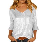 Keepink Sequin Tops for Women UK 3/4 Flare Sleeve Blouse Sparkly V Neck Top Dressy Party Going Out Shirt Glitter Evening Tunic Blouses Cocktail Pullover Fashion Elegant Outfits