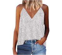 Keepink Sequin Tops for Women UK Silver Sparkly Adjustable Strap Tank Top Sleeveless Glitter Camisole Vest T Shirts Loose Tunic Shirts Sexy V Neck Blouse Party Disco Club Night Outfits