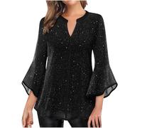Keepink Sequin Tops for Women UK V Neck 3/4 Sleeve T Shirts Glitter Elegant Party Ruffle Blouses Shimmer Jumpers Flowy Loose Tunic Blouses Sparkly Evening Double Layered Mesh Shirts