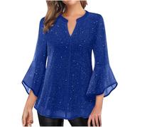 Keepink Sequin Tops for Women UK V Neck 3/4 Sleeve T Shirts Glitter Elegant Party Ruffle Blouses Shimmer Jumpers Flowy Loose Tunic Blouses Sparkly Evening Double Layered Mesh Shirts
