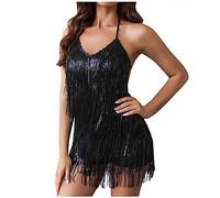 Keepink Sexy Shorts Romper for Women Party Summer Backless Sequin Fringe Shorts Jumpsuits Halter Neck Sleeveless Playsuits Trendy Glitter Tassels Rompers Club & Night Out