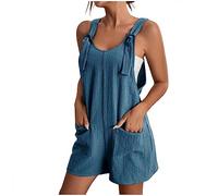 Keepink Sleeveless Rompers for Women Summer Adjustable Straps Bib Short Romper with Pockets, Women's Jumpsuits & Playsuits Lightweight Casual Solid Baggy Tank Overalls Vacation