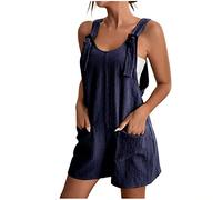 Keepink Sleeveless Rompers for Women Summer Adjustable Straps Bib Short Romper with Pockets, Women's Jumpsuits & Playsuits Lightweight Casual Solid Baggy Tank Overalls Vacation