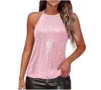 Keepink Sparkly Sequin Tops for Women Halter Tank Top Shiny Glitter Club Disco Rock Concert Outfit Lightweight Sleeveless Dressy Shirt Strappy Party Vest Nights Out Camisole Blouse