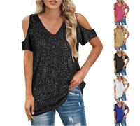 Keepink Sparkly Tops for Women UK Cold Shoulder Short Sleeve T Shirts Glitter Sexy V Neck Blouses Baggy Casual Tunic Top Shimmer Sequin Festival Party Shirt Going Out Pullover