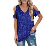 Keepink Sparkly Tops for Women UK Cold Shoulder Short Sleeve T Shirts Glitter Sexy V Neck Blouses Baggy Casual Tunic Top Shimmer Sequin Festival Party Shirt Going Out Pullover