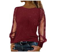 Keepink Sparkly Tops for Women UK Party Wear Lace Mesh Sheer Long Sleeve Top Elegant Dressy Blouse Crew Neck Sequin Tee Shirts Trendy Casual Glitter T Shirt Baggy Tunic Jumper Sale