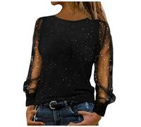 Keepink Sparkly Tops for Women UK Party Wear Lace Mesh Sheer Long Sleeve Top Elegant Dressy Blouse Crew Neck Sequin Tee Shirts Trendy Casual Glitter T Shirt Baggy Tunic Jumper Sale