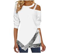 Keepink Sparkly Tops for Women UK Plus Size 8-22 Long Sleeve Glitter Shirts Sexy Cold Shoulder Dressy Top Loose Tunic Pullover Casual Jumpers Elegant Blouse for Party Evening