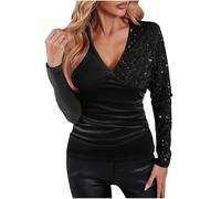 Keepink Sparkly Tops for Women UK Sequin Velvet Wrap V Neck Top Sexy Long Sleeve T-Shirt Shiny Ruched Dressy Blouses Glitter Casual Party Going Out Jumpers Cocktail Evening Shirts