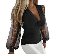 Keepink Sparkly Tops for Women UK Sexy Deep V Neck Glitter Sheer Mesh Long Sleeve Shirts Elegant Ruched Blouses Solid T Shirts Sequin Going Out Party Evening Club Top Sale