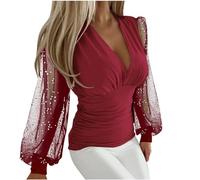 Keepink Sparkly Tops for Women UK Sexy Deep V Neck Glitter Sheer Mesh Long Sleeve Shirts Elegant Ruched Blouses Solid T Shirts Sequin Going Out Party Evening Club Top Sale