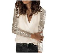 Keepink Sparkly Tops for Women UK V Neck Long Sleeve Glitter Top Loose Fit Tunic Jumpers Elegant Dressy Shirts Cocktail Party Sequin Blouses Casual T Shirts Pullover Ladies Top Sale