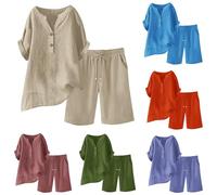 Keepink Summer Co Ord Sets for Women Cotton Linen Set 2 Piece Outfits Short Sleeve Button Down Henley Top and Wide Leg Shorts Set Oversized Tracksuits Elegant Travel Loungewear