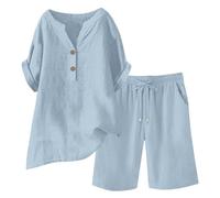 Keepink Summer Co Ord Sets for Women Cotton Linen Set 2 Piece Outfits Short Sleeve Button Down Henley Top and Wide Leg Shorts Set Oversized Tracksuits Elegant Travel Loungewear