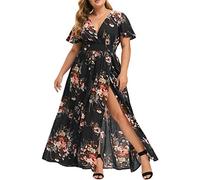 Keepink Summer Dresses for Women 2024 Plus Size Maxi Dress Floral Boho Dress Sexy V Neck Wrap Dresses Split Flowy Long Sundresses Casual Party Cocktail Dress Curvy Ladies Dresses