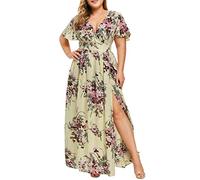 Keepink Summer Dresses for Women 2024 Plus Size Maxi Dress Floral Boho Dress Sexy V Neck Wrap Dresses Split Flowy Long Sundresses Casual Party Cocktail Dress Curvy Ladies Dresses