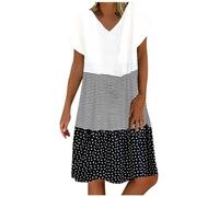 Keepink Summer Dresses for Women UK Boho Dresses Casual Stripe Polka Dots Dress Short Sleeve Knee-Length Dress V Neck A-Line Dress Tshirt Dress Plus Size Beach Sundress S-5XL