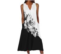 Keepink Summer Dresses for Women UK Casual Sleeveless Maxi Dresses Floral Dresses Button V Neck A Line Dress Elegant Long Tank Dresses Boho Dresses Loose Beach Sundress Plus Size 8-18