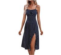 Keepink Summer Dresses for Women UK Casual Spaghetti Straps Square Neck Midi Sundress Sexy Polka Dot Slit Dress Flowy A Line Smocked Dresses Sleeveless Sundresses Beachwear