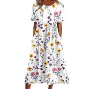 Keepink Summer Dresses for Women UK Floral Print Midi Dresses Crew Neck Short Sleeve Casual Dress Loose Tunic T-Shirts Dress Ladies Sundress with Pockets Wedding Guest Work Outfits