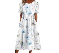 Keepink Summer Dresses for Women UK Floral Print Midi Dresses Crew Neck Short Sleeve Casual Dress Loose Tunic T-Shirts Dress Ladies Sundress with Pockets Wedding Guest Work Outfits