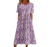 Keepink Summer Dresses for Women UK Floral Print Midi Dresses Crew Neck Short Sleeve Casual Dress Loose Tunic T-Shirts Dress Ladies Sundress with Pockets Wedding Guest Work Outfits