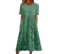 Keepink Summer Dresses for Women UK Floral Print Midi Dresses Crew Neck Short Sleeve Casual Dress Loose Tunic T-Shirts Dress Ladies Sundress with Pockets Wedding Guest Work Outfits