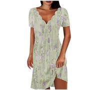 Keepink Summer Dresses for Women UK Petite Cotton Short Dress Solid V Neck Short Sleeve Dresses Eleagnt A Line Tunic Dress Ladies Wedding Guest Dresses Size 8-16 Clearance