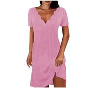 Keepink Summer Dresses for Women UK Petite Cotton Short Dress Solid V Neck Short Sleeve Dresses Eleagnt A Line Tunic Dress Ladies Wedding Guest Dresses Size 8-16 Clearance