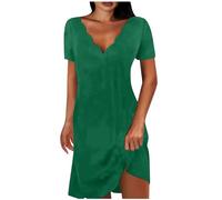 Keepink Summer Dresses for Women UK Petite Cotton Short Dress Solid V Neck Short Sleeve Dresses Eleagnt A Line Tunic Dress Ladies Wedding Guest Dresses Size 8-16 Clearance