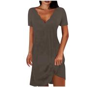 Keepink Summer Dresses for Women UK Petite Cotton Short Dress Solid V Neck Short Sleeve Dresses Eleagnt A Line Tunic Dress Ladies Wedding Guest Dresses Size 8-16 Clearance
