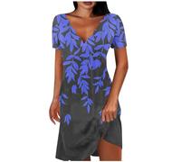 Keepink Summer Dresses for Women UK Petite Cotton Short Dress Solid V Neck Short Sleeve Dresses Eleagnt A Line Tunic Dress Ladies Wedding Guest Dresses Size 8-16 Clearance