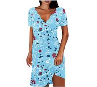 Keepink Summer Dresses for Women UK Petite Cotton Short Dress Solid V Neck Short Sleeve Dresses Eleagnt A Line Tunic Dress Ladies Wedding Guest Dresses Size 8-16 Clearance