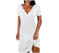 Keepink Summer Dresses for Women UK Petite Cotton Short Dress Solid V Neck Short Sleeve Dresses Eleagnt A Line Tunic Dress Ladies Wedding Guest Dresses Size 8-16 Clearance