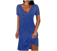 Keepink Summer Dresses for Women UK Petite Cotton Short Dress Solid V Neck Short Sleeve Dresses Eleagnt A Line Tunic Dress Ladies Wedding Guest Dresses Size 8-16 Clearance