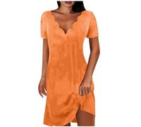 Keepink Summer Dresses for Women UK Petite Cotton Short Dress Solid V Neck Short Sleeve Dresses Eleagnt A Line Tunic Dress Ladies Wedding Guest Dresses Size 8-16 Clearance