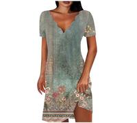 Keepink Summer Dresses for Women UK Petite Cotton Short Dress Solid V Neck Short Sleeve Dresses Eleagnt A Line Tunic Dress Ladies Wedding Guest Dresses Size 8-16 Clearance