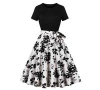 Keepink Summer Dresses for Women UK Petite Ladies Vintage 50s 60s Dresses Casual Short Sleeve Flare Dresses Vintage Swing Dress with Belt Empire Waist Cocktail Party Occasion Dresses Sale