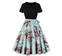 Keepink Summer Dresses for Women UK Petite Ladies Vintage 50s 60s Dresses Casual Short Sleeve Flare Dresses Vintage Swing Dress with Belt Empire Waist Cocktail Party Occasion Dresses Sale