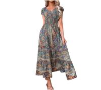 Keepink Summer Dresses for Women UK Plus Size 8-18 Casual Boho Short Sleeve Dress Elegant Floral Maxi Dress Summer Smocked Dress Retro Swing Dress Ladies Dresses for Wedding Beach Sale