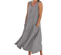 Keepink Summer Dresses for Women UK Plus Size Cotton Linen Maxi Dress Boho Casual Sleeveless Tank Dresses Long Beach Dress Ladies Dresses Trendy Loose Sundresses with Pockets