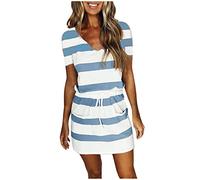 Keepink Summer Dresses for Women UK Short Sleeve V Neck T Shirts Dresses Casual Striped Dress Waist Tie A Line Short Dresses with Pockets Swing Beach Vacation Dress Ladies Dresses