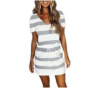 Keepink Summer Dresses for Women UK Short Sleeve V Neck T Shirts Dresses Casual Striped Dress Waist Tie A Line Short Dresses with Pockets Swing Beach Vacation Dress Ladies Dresses